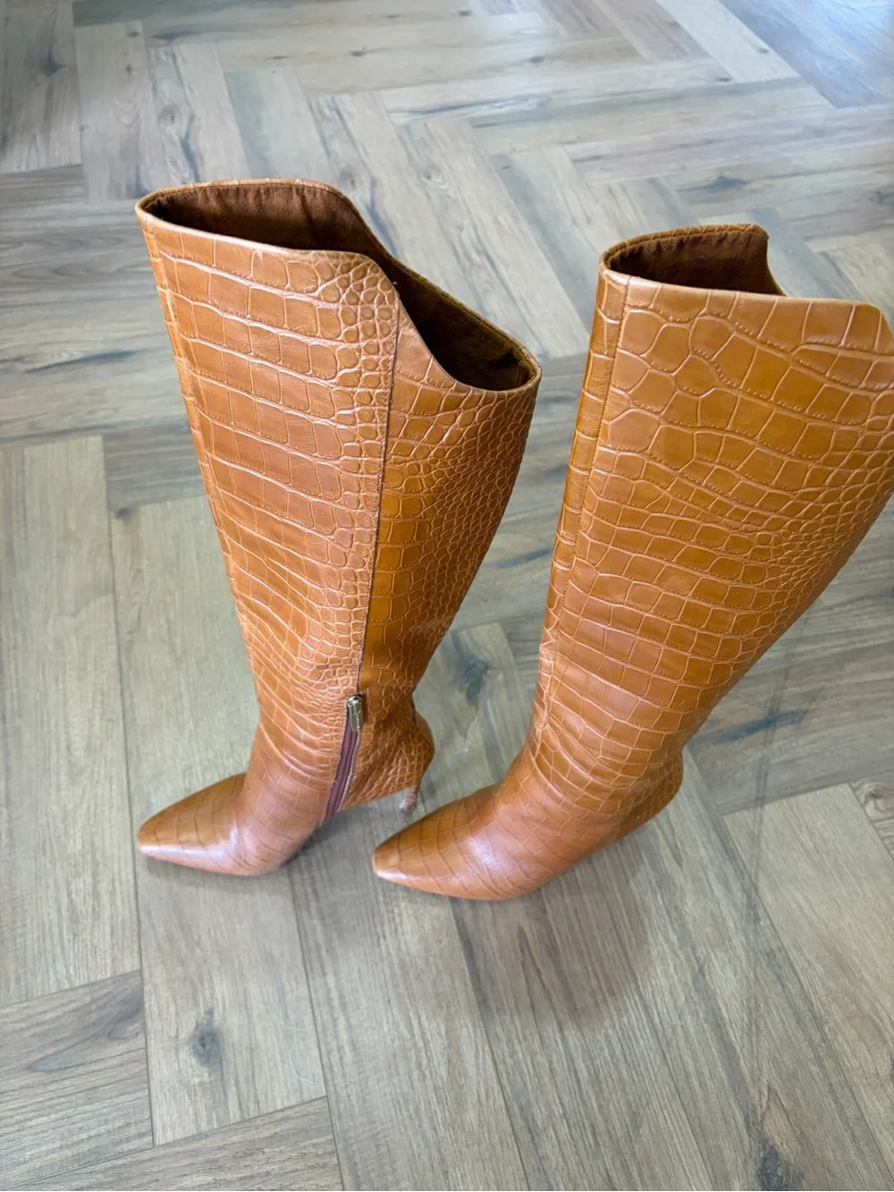 Vince Camuto Women’s Tall Croc-Embossed Pointed Toe thigh high Boots - Brown